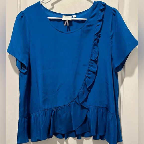Anthropologie | HD in Paris Short Sleeve Silk Ruffle & Peplum Top Peacock Blue - Picture 3 of 6